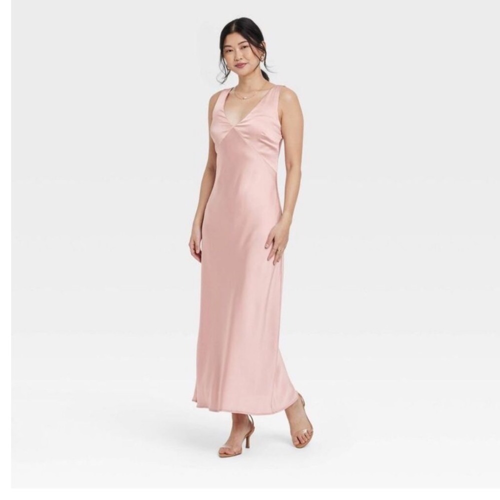 A New Day Satin Midi Slip Dress S Pink NEW V-Neck Sleeveless Side Slit